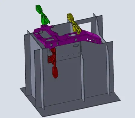 3D-CAD-Modell eines Maschinenbauteils mit verschiedenen farbigen Komponenten.