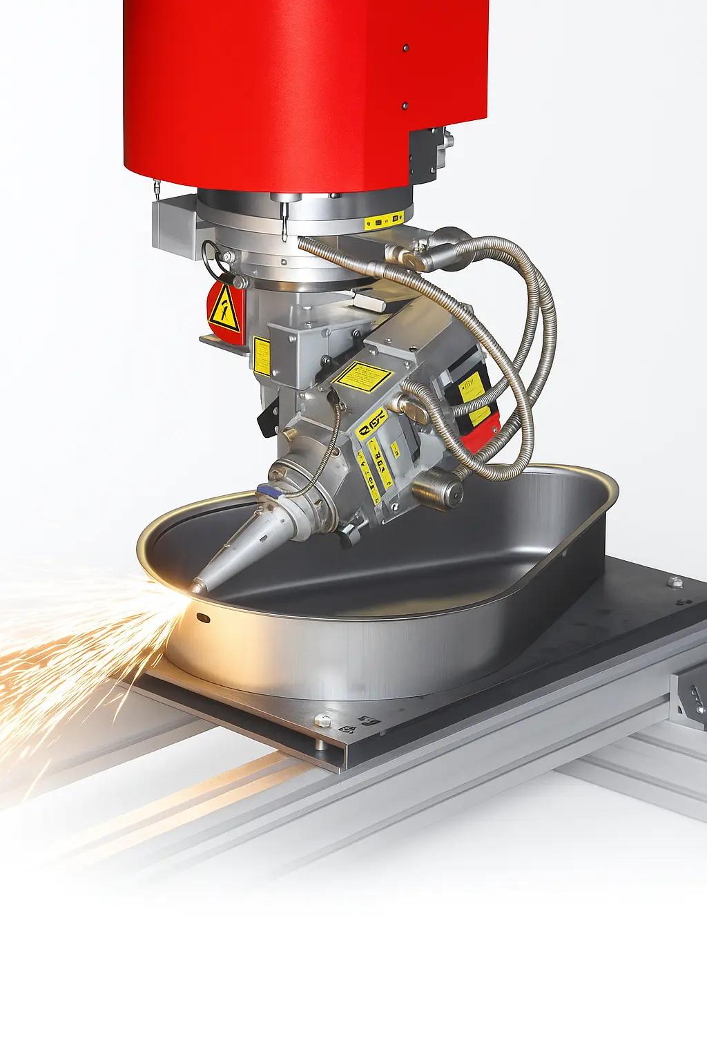 3-D Schnitt Laserschneidmaschine mit einem Brenner, der Funken erzeugt, auf einer Metalloberfläche.